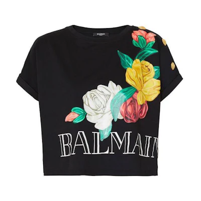 (Women) BALMAIN Black Rose Print Short Sleeve T-Shirt. CF0EE095GD50EAH