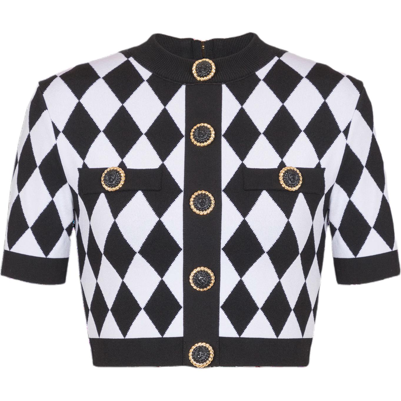 (Women) Balmain  Black Short-Sleeve Knit Sweater with Buttons. DF1AI116-KG66-EAB