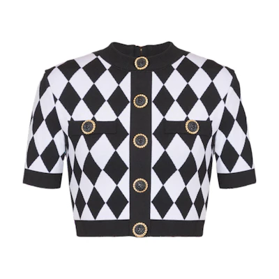 (Women) Balmain Black Short-Sleeve Knit Sweater with Buttons. DF1AI116-KG66-EAB