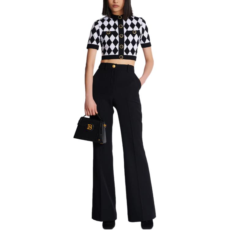 Lookbook (Women) Balmain  Black Short-Sleeve Knit Sweater with Buttons. DF1AI116-KG66-EAB