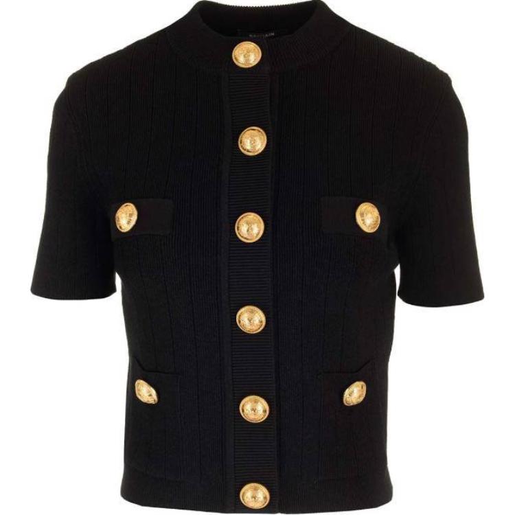 (Women) BALMAIN  Black Short-Sleeve Knit Top with Single-Button Detail. DF1KL023-KB07-0PA
