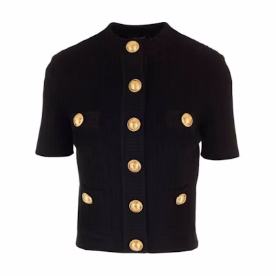 (Women) BALMAIN Black Short-Sleeve Knit Top with Single-Button Detail. DF1KL023-KB07-0PA