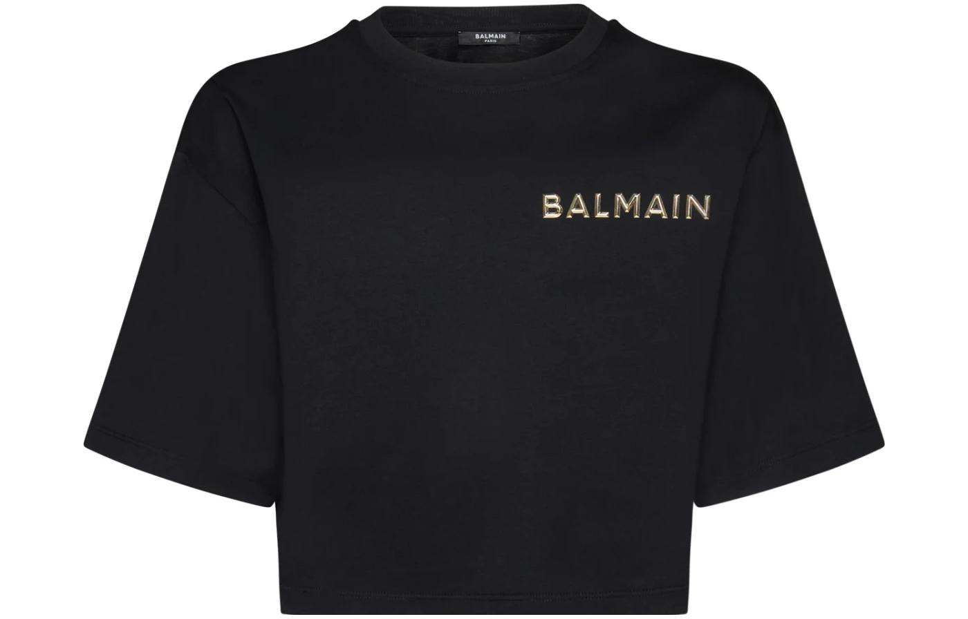 (Women) BALMAIN  Black Short Sleeve Cropped T-Shirt with Letter Print. CF1EE020-BC61-EAD