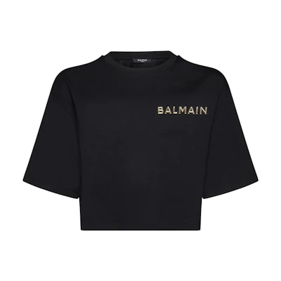 (Women) BALMAIN Black Short Sleeve Cropped T-Shirt with Letter Print. CF1EE020-BC61-EAD