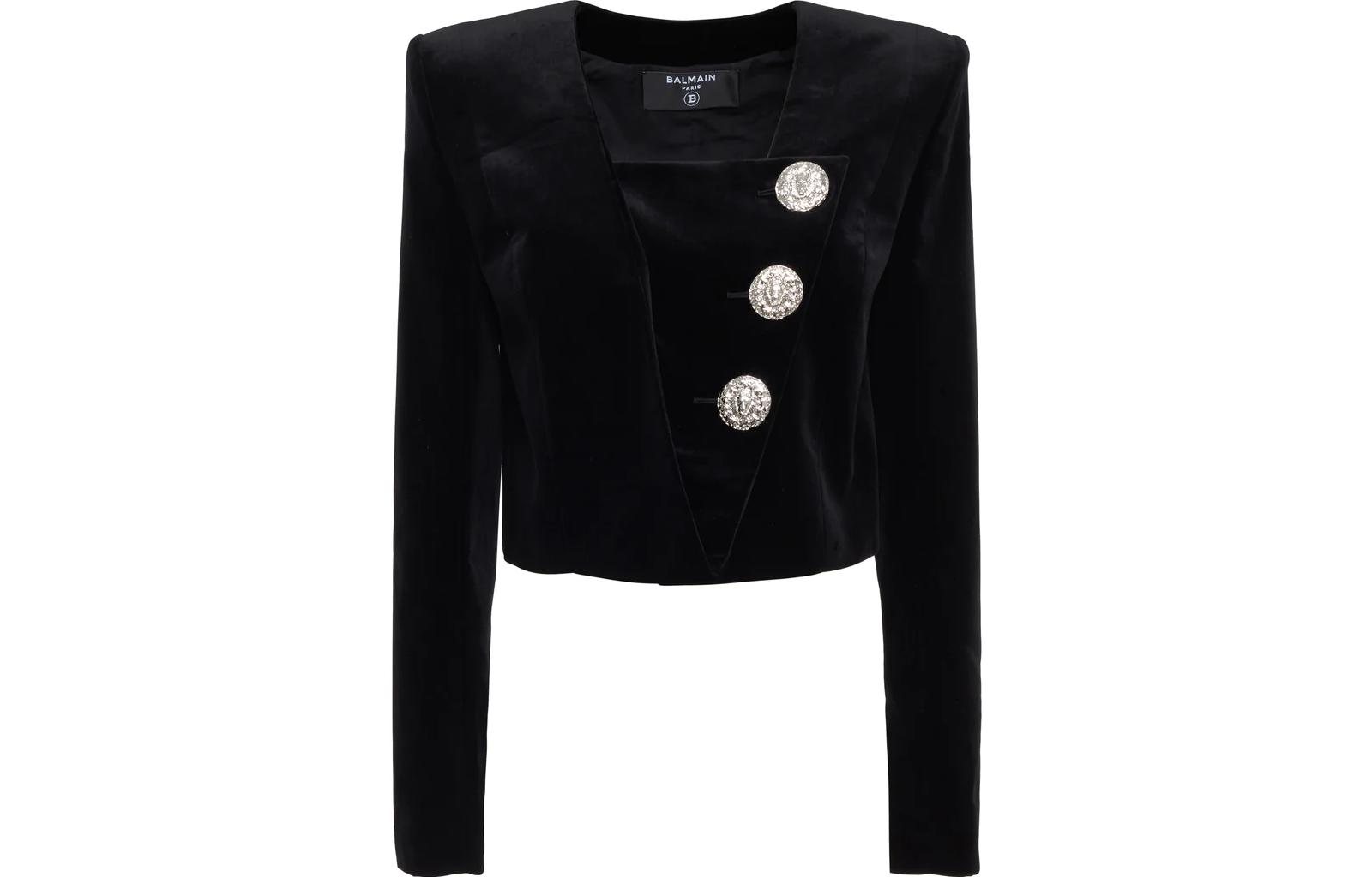 (Women) BALMAIN  Black Single-Breasted V-Neck Cropped Long Sleeve Jacket. BF0SD080-CE31-0PA