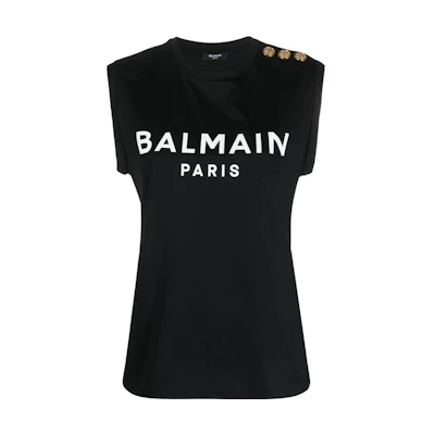 (Women) BALMAIN Black Sleeveless T-Shirt with Logo Print Design. CF1ED001-BB02-EAB