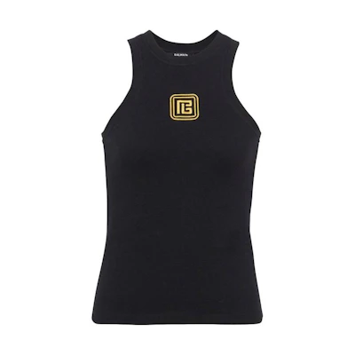 (Women) BALMAIN Black Sleeveless Tank Top with Pb Embroidery Design. CF1EB045-BC49-EAD
