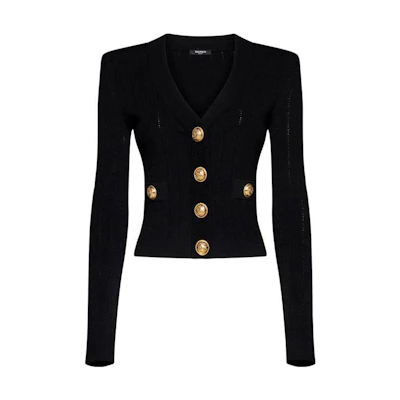 (Women) BALMAIN Black Solid V-Neck Long Sleeve Cardigan Sweater CF1KL007-KB07-0PA