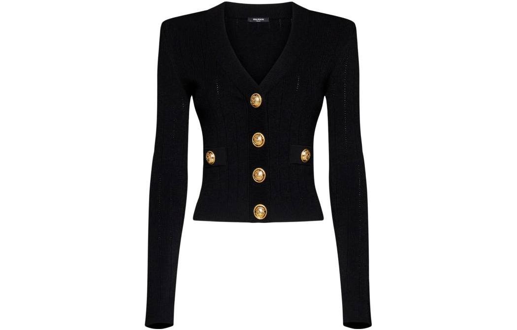 Order (W) BALMAIN Hitam Kardiigan Leher-V Lengan Panjang Sweater CF1KL007-KB07-0PA