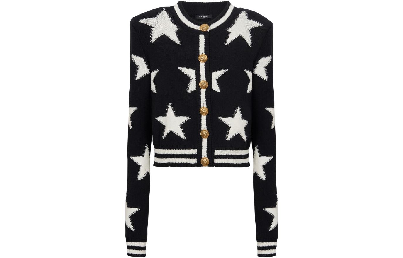 (Women) Balmain  Black Star Stripe Jacquard Knit Cardigan Long Sleeve Sweater. CF1KL131-KF92-EER