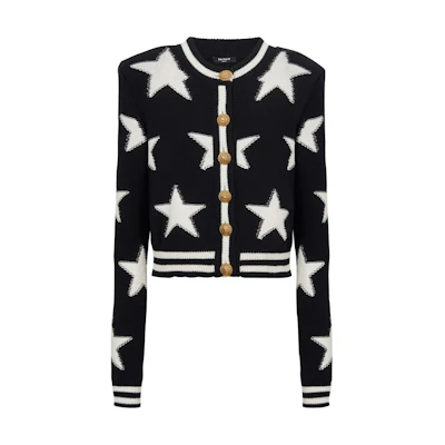 (Women) Balmain Black Star Stripe Jacquard Knit Cardigan Long Sleeve Sweater. CF1KL131-KF92-EER