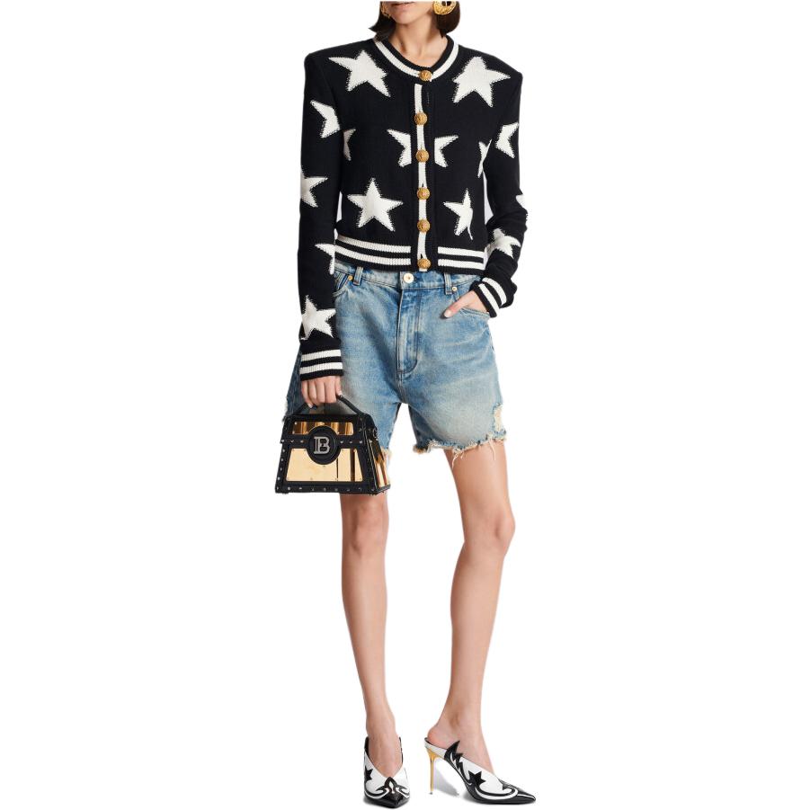 Lookbook (W) 巴尔曼 黑色星星条纹提花针织长袖开衫毛衣. CF1KL131-KF92-EER