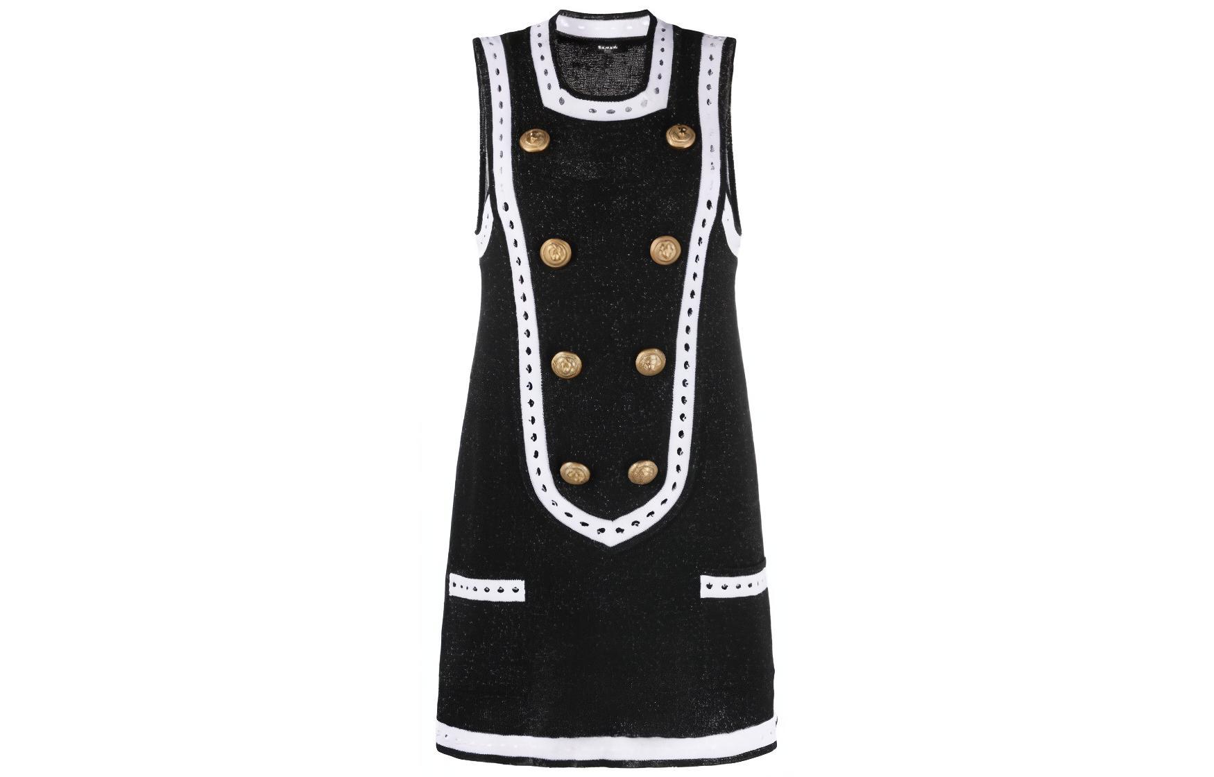 (Women) Balmain  Black Striped Button Knit Sleeveless Mini Dress. BF1R5595-KE74-EHQ