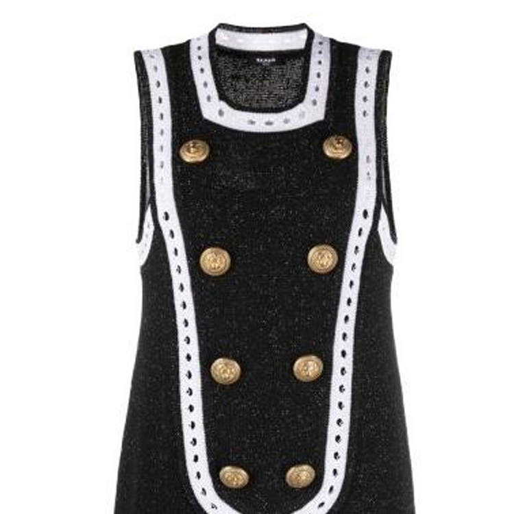 Sizing (W) 巴尔曼黑色条纹纽扣针织无袖迷你连衣裙. BF1R5595-KE74-EHQ