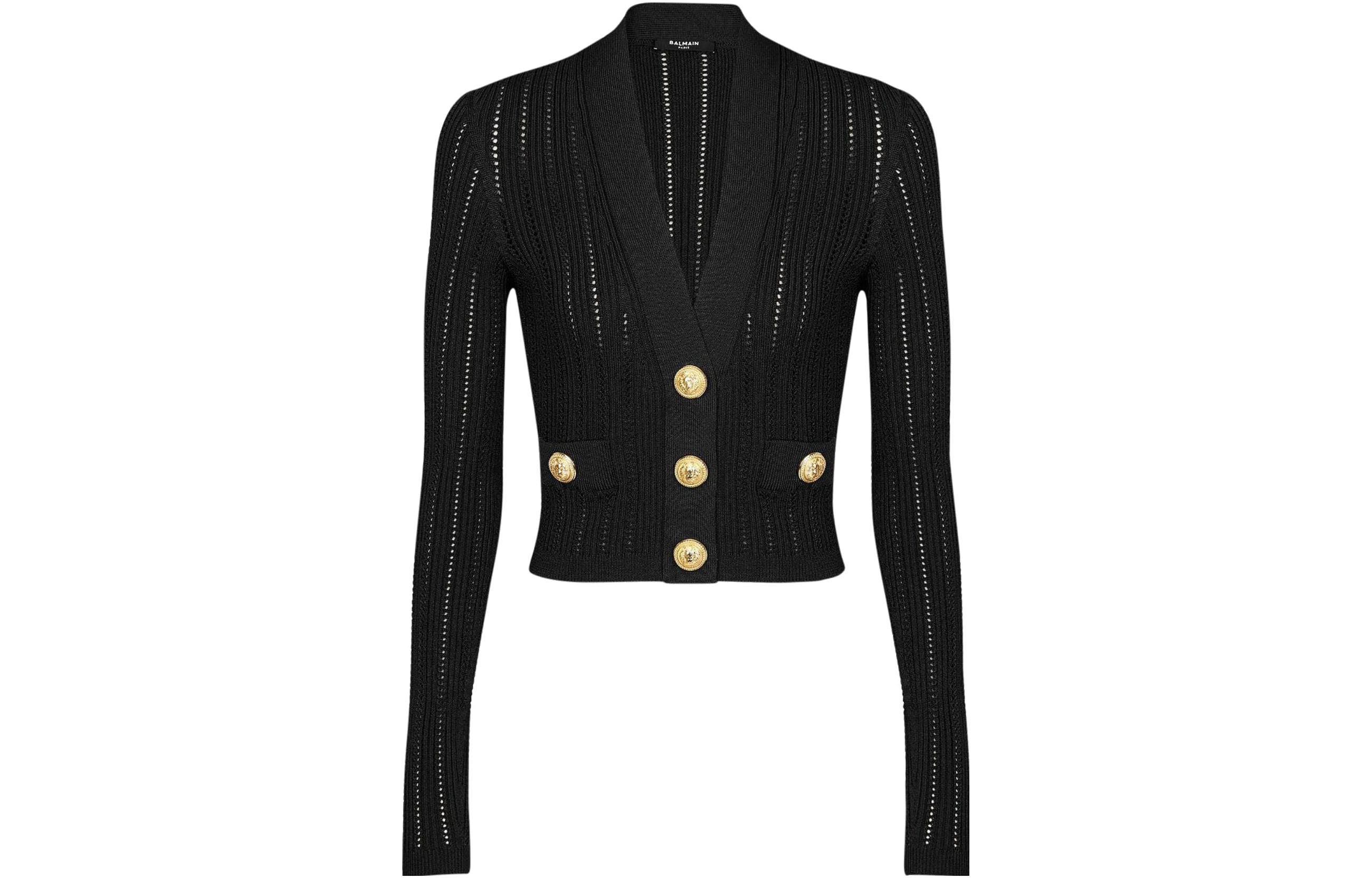 (Women) Balmain  Black V-Neck Long Sleeve Knit Cardigan. BF1KL018KE180PA