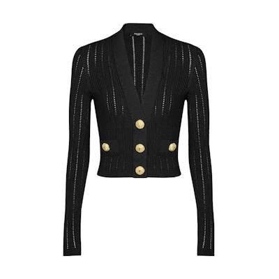 (Women) Balmain Black V-Neck Long Sleeve Knit Cardigan. BF1KL018KE180PA