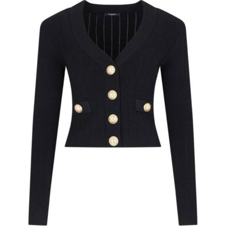 Order (Women) BALMAIN  Black V-Neck Slim Fit Knit Cardigan with Long Sleeves DF1KL007KB07-0PA