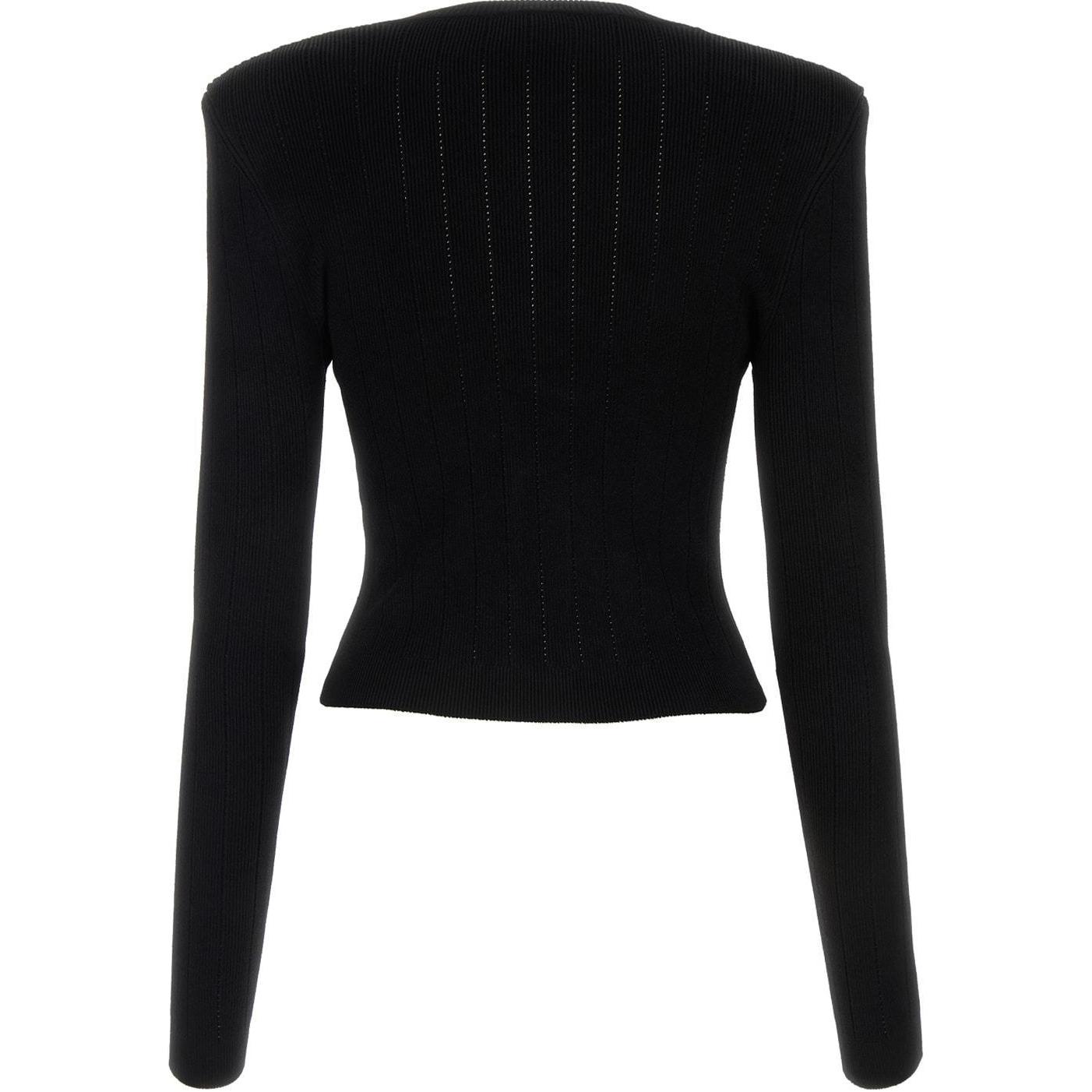 Lookbook (Women) BALMAIN  Black V-Neck Slim Fit Knit Cardigan with Long Sleeves DF1KL007KB07-0PA