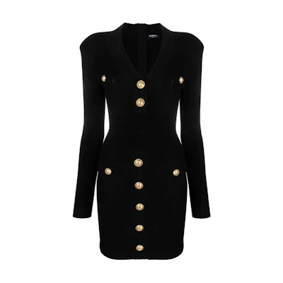 (Women) BALMAIN Black V-Neck Slim Fit Long Sleeve Short Dress. DF1R8059-KB07-OPA