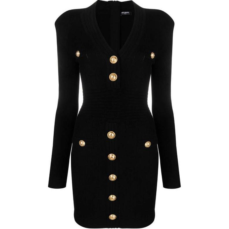 Order (Women) BALMAIN  Black V-Neck Slim Fit Long Sleeve Short Dress. DF1R8059-KB07-OPA