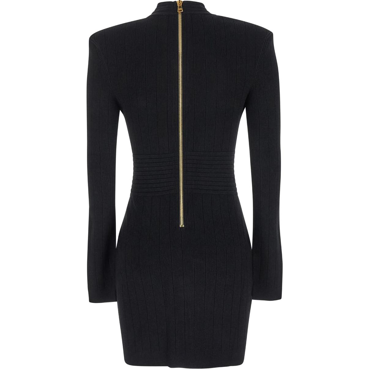 Lookbook (Women) BALMAIN  Black V-Neck Slim Fit Long Sleeve Short Dress. DF1R8059-KB07-OPA