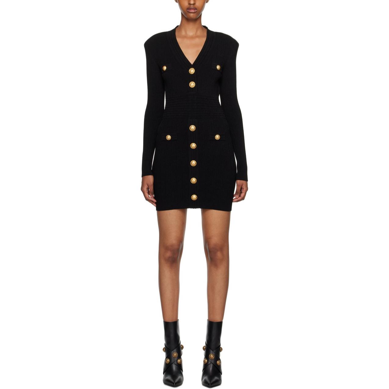 Shop (Women) BALMAIN  Black V-Neck Slim Fit Long Sleeve Short Dress. DF1R8059-KB07-OPA