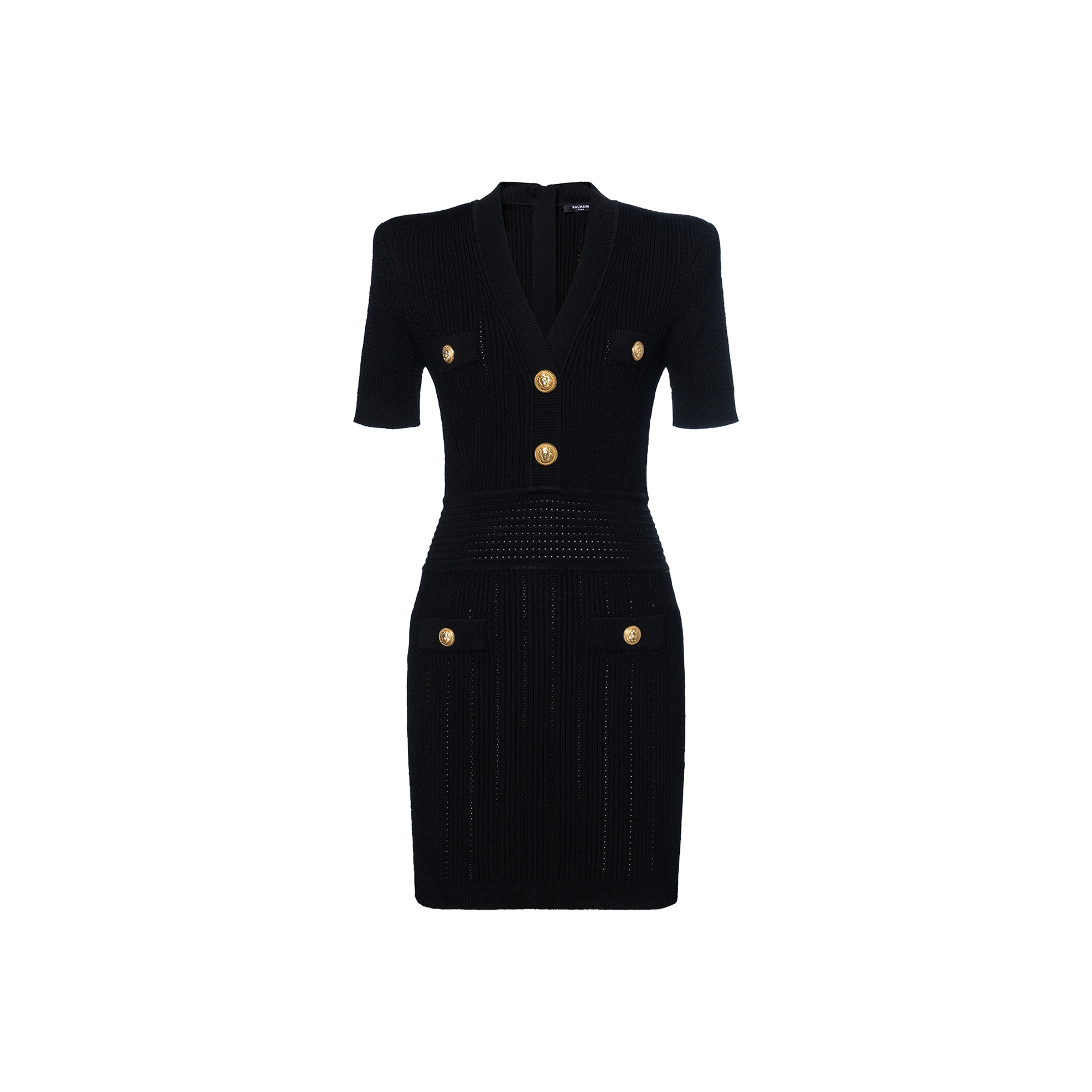 (Women) BALMAIN  Black V-Neck Slim Fit Short Sleeve Dress CF0R6032-KF24-0PA