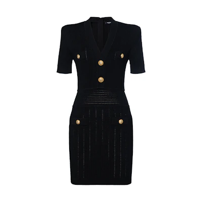 (Women) BALMAIN Black V-Neck Slim Fit Short Sleeve Dress CF0R6032-KF24-0PA