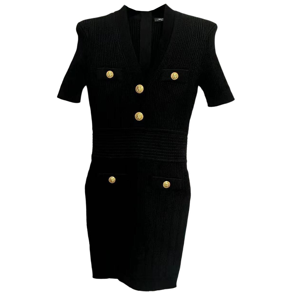 Order (W) 巴尔曼 黑色V领修身短袖连衣裙 CF0R6032-KF24-0PA