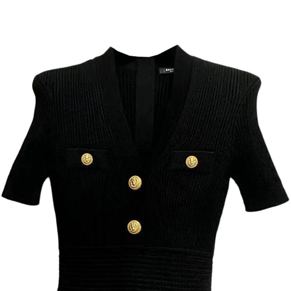 Lookbook (W) 巴尔曼 黑色V领修身短袖连衣裙 CF0R6032-KF24-0PA