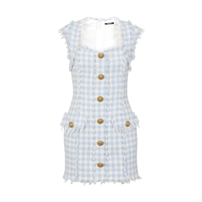 (Women) BALMAIN Blue Check Print Sleeveless Mini Dress CF1R5019-CE70-SLJ