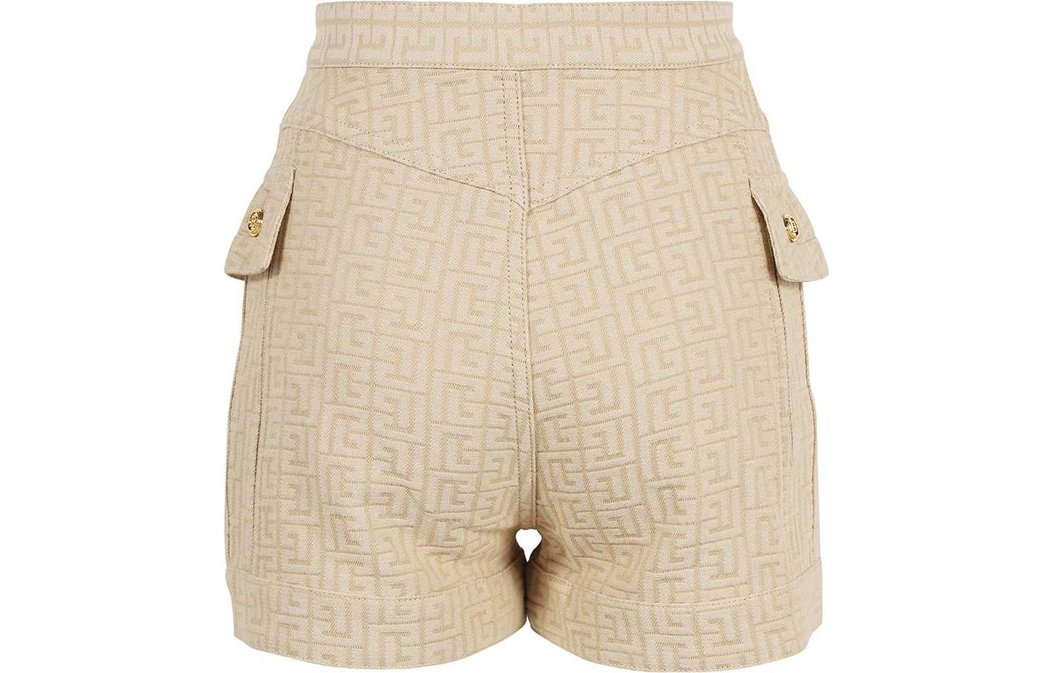 Lookbook (W) BALMAIN Seluar Pendek Butang Logo Jacquard Klasik Beige. XF1MA010CB65-GID