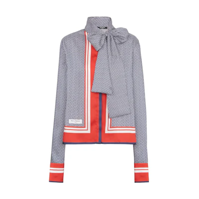 (Women) BALMAIN Classic Logo Printed Colorblock Bow Long Sleeve Shirt. BF1HU125XG35