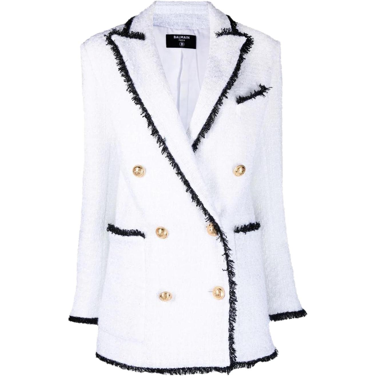 (Women) BALMAIN  Double-Breasted Fringe Tweed Blazer Jacket. XF0SH012XB61GAB