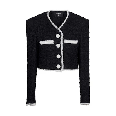 (Women) BALMAIN FW22 Black V-Neck Color-Block Cropped Jacket. AF1SD060XC09-EAB