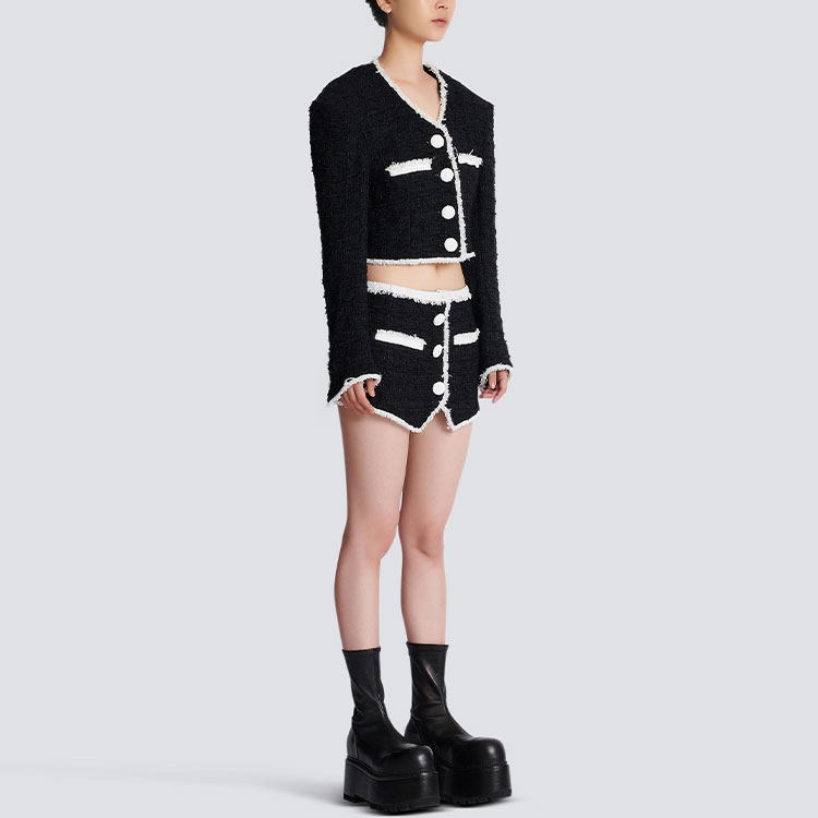 Purchase (W) BALMAIN FW22 黑色V領拼色短版外套 AF1SD060XC09-EAB