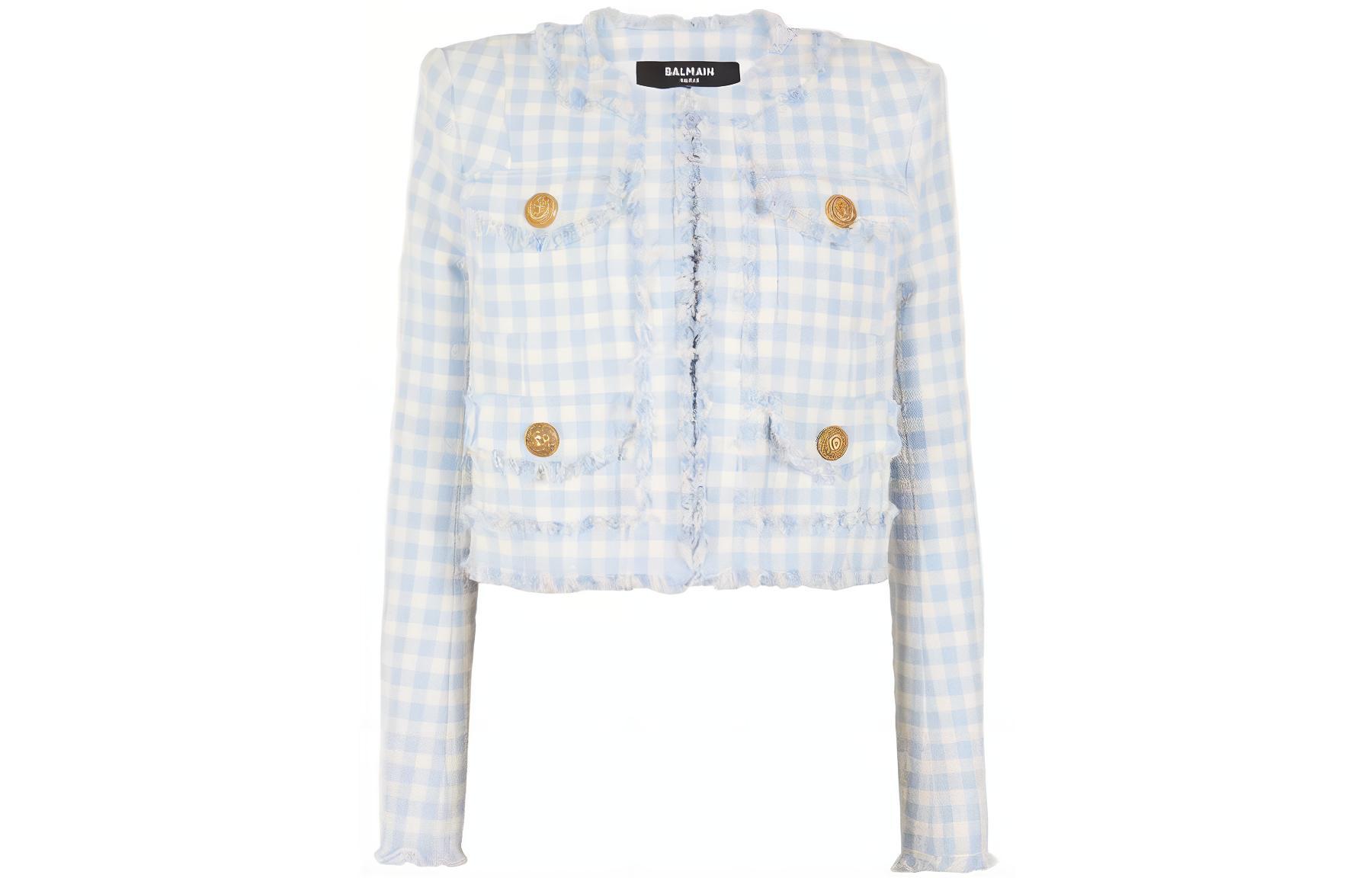 (Women) BALMAIN  Gingham Tweed Short Jacket Light Blue Long Sleeve Outerwear CF1SK595CE70-SLJ