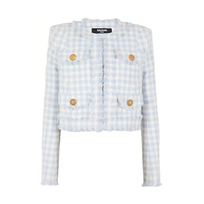 (Women) BALMAIN Gingham Tweed Short Jacket Light Blue Long Sleeve Outerwear CF1SK595CE70-SLJ