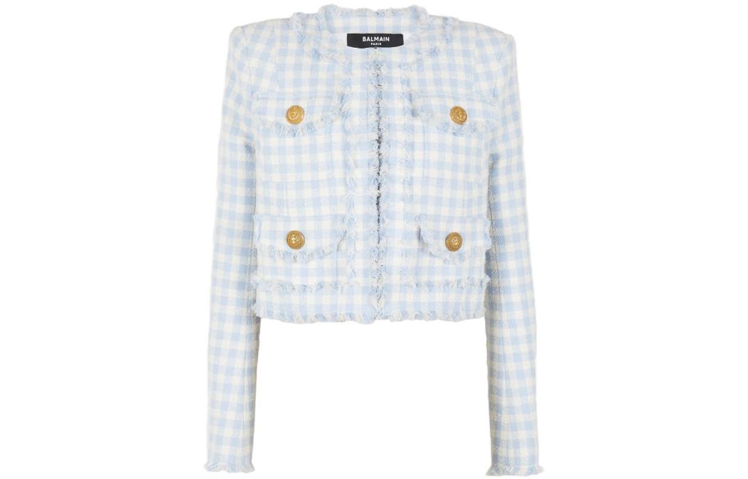 Order (W) 巴尔曼浅蓝色格纹斜纹长袖短外套 CF1SK595CE70-SLJ