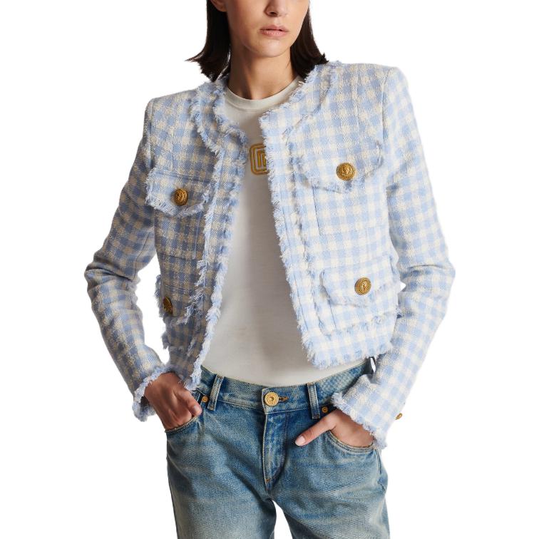 Details for (W) 巴尔曼浅蓝色格纹斜纹长袖短外套 CF1SK595CE70-SLJ