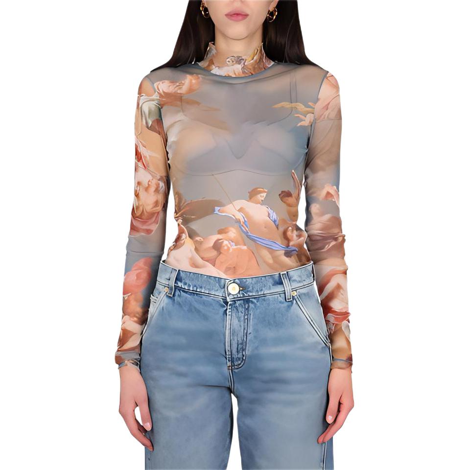 (Women) BALMAIN  Graphic Print High Neck Long Sleeve T-Shirt SS23. AF0AR625-JG04-SHJ