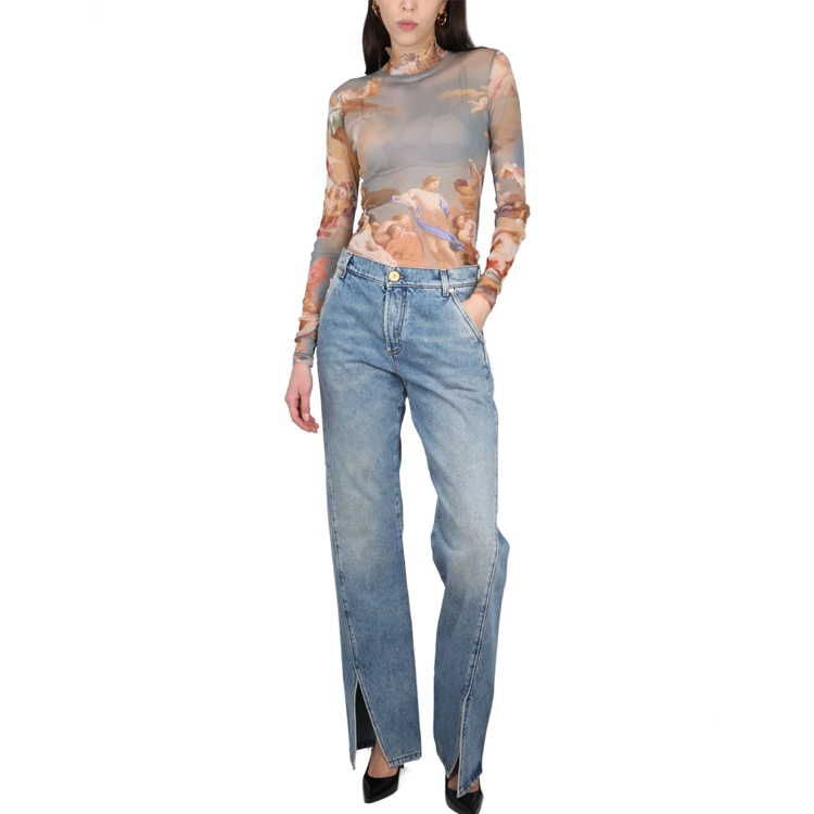 Shop (Women) BALMAIN  Graphic Print High Neck Long Sleeve T-Shirt SS23. AF0AR625-JG04-SHJ