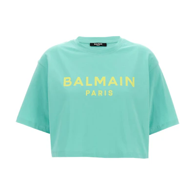 (Women) BALMAIN Green Short Sleeve Crop T-Shirt with Letter Print BF1EE020BB02-UKF