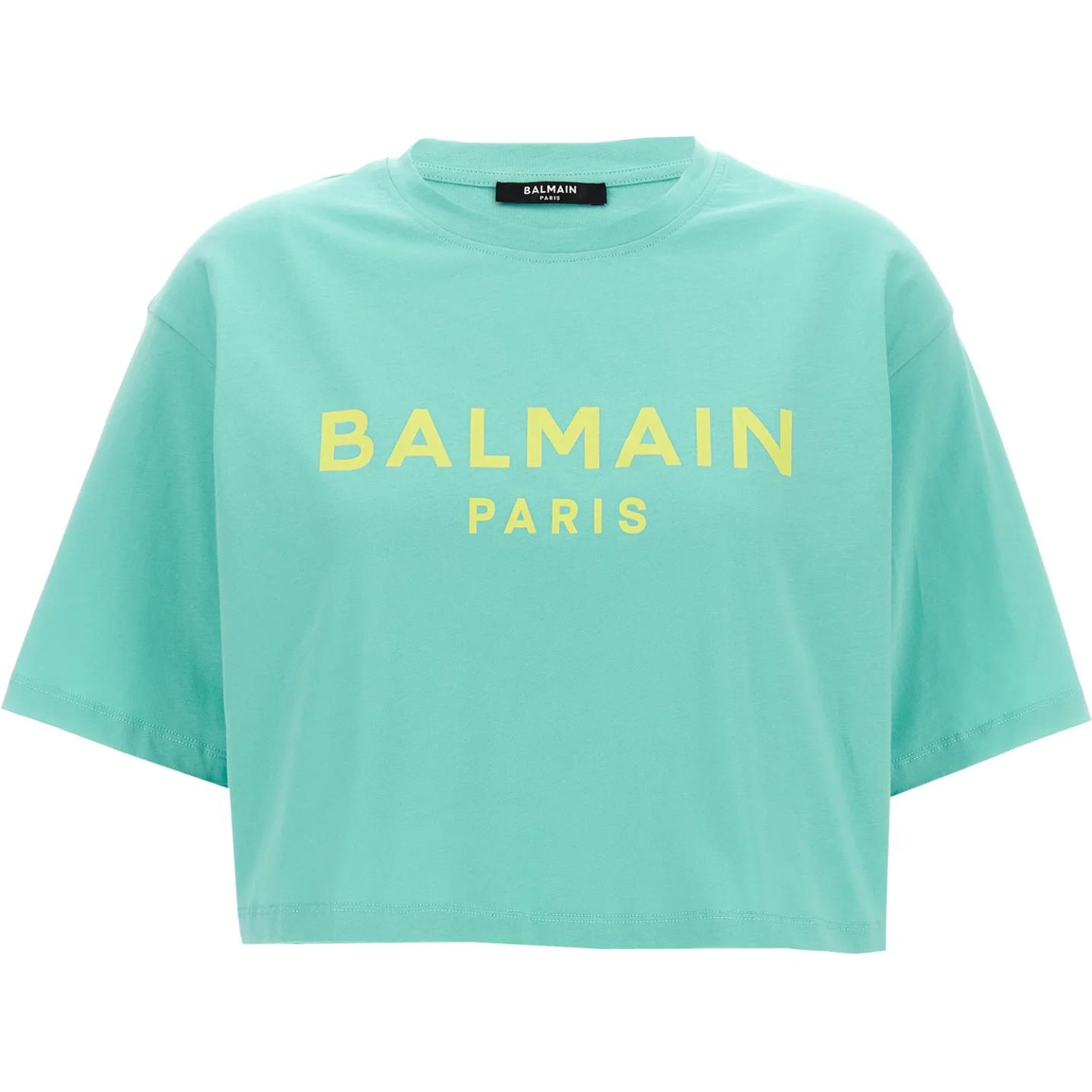 Order (Women) BALMAIN  Green Short Sleeve Crop T-Shirt with Letter Print BF1EE020BB02-UKF