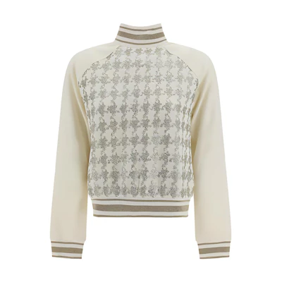 (Women) BALMAIN High-Neck Printed Pullover Long Sleeve Sweater - White BF1KF050-MC98-GAD