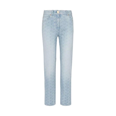(Women) Balmain High-Waist Monogram Straight Light Blue Denim Jeans. CF1MI020DD276FF