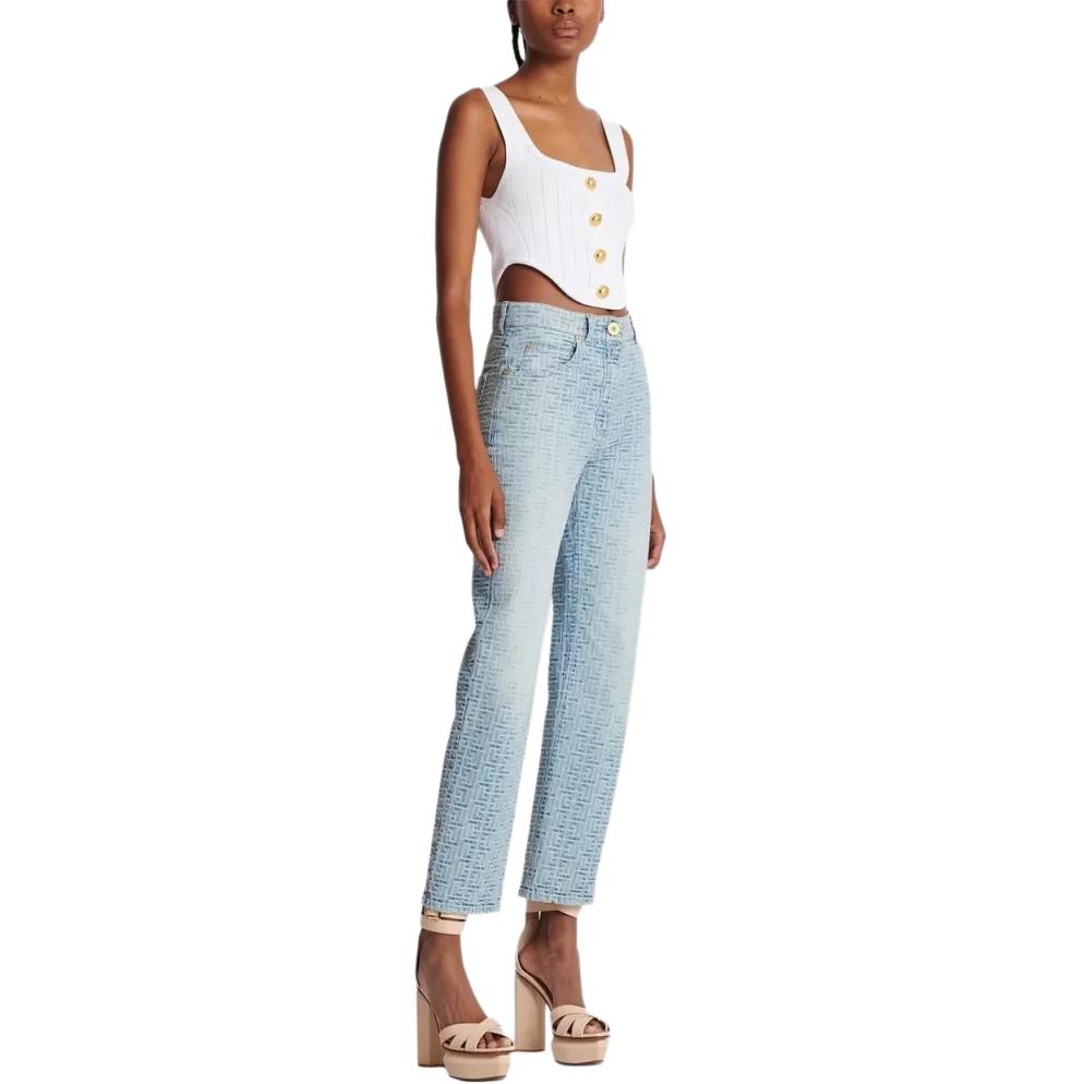 Purchase (W) Balmain Seluar Jeans Denim Biru Muda Monogram Pinggang Tinggi. CF1MI020DD276FF