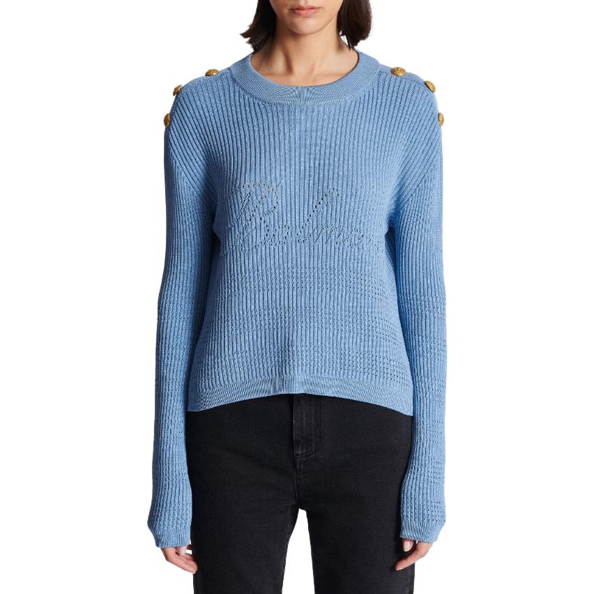 Lookbook (W) BALMAIN Baju Sejuk Rajut dengan Logo Huruf Terperinci. CF1KA003-KF24-0FA