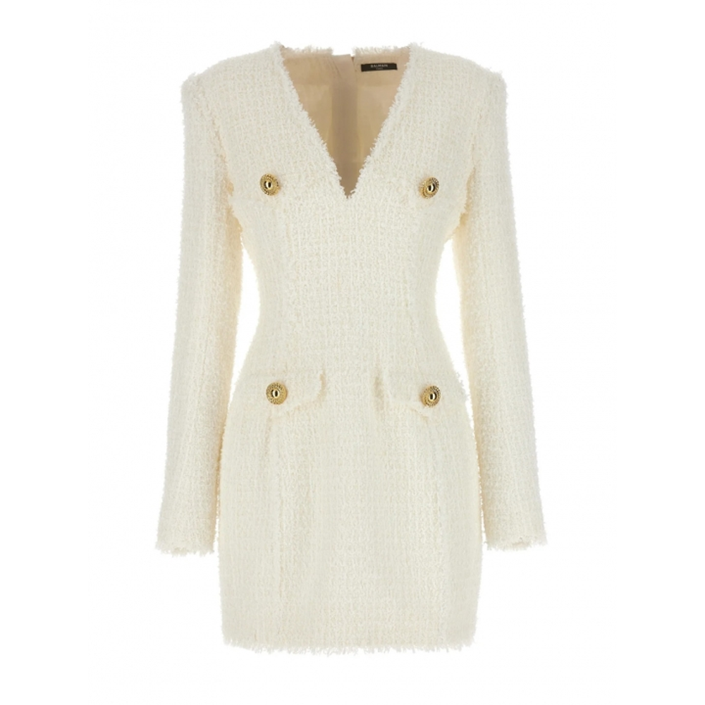 (Women) BALMAIN  Long Sleeve Jacket with Button Details - Off-White. CF1R9103-XF91-0FA