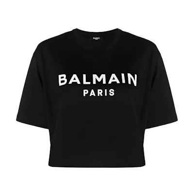 (Women) BALMAIN Loose Fit Logo Print Crop Top T-Shirt Black XF1EE020BB02-EAB